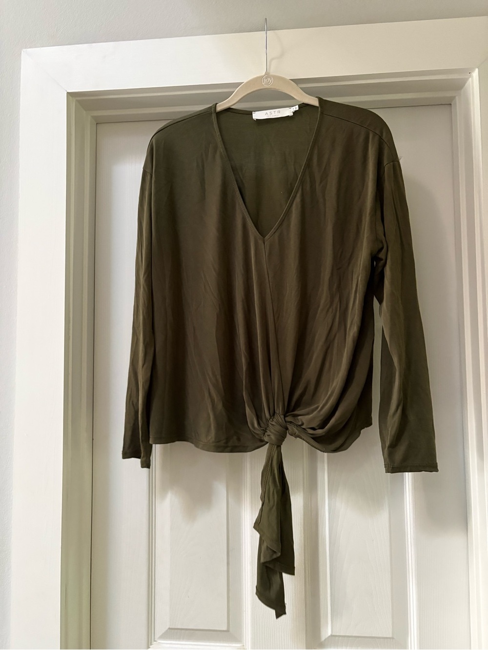 Astr Olive Green V-Neck Long Sleeve Tie-Front Top